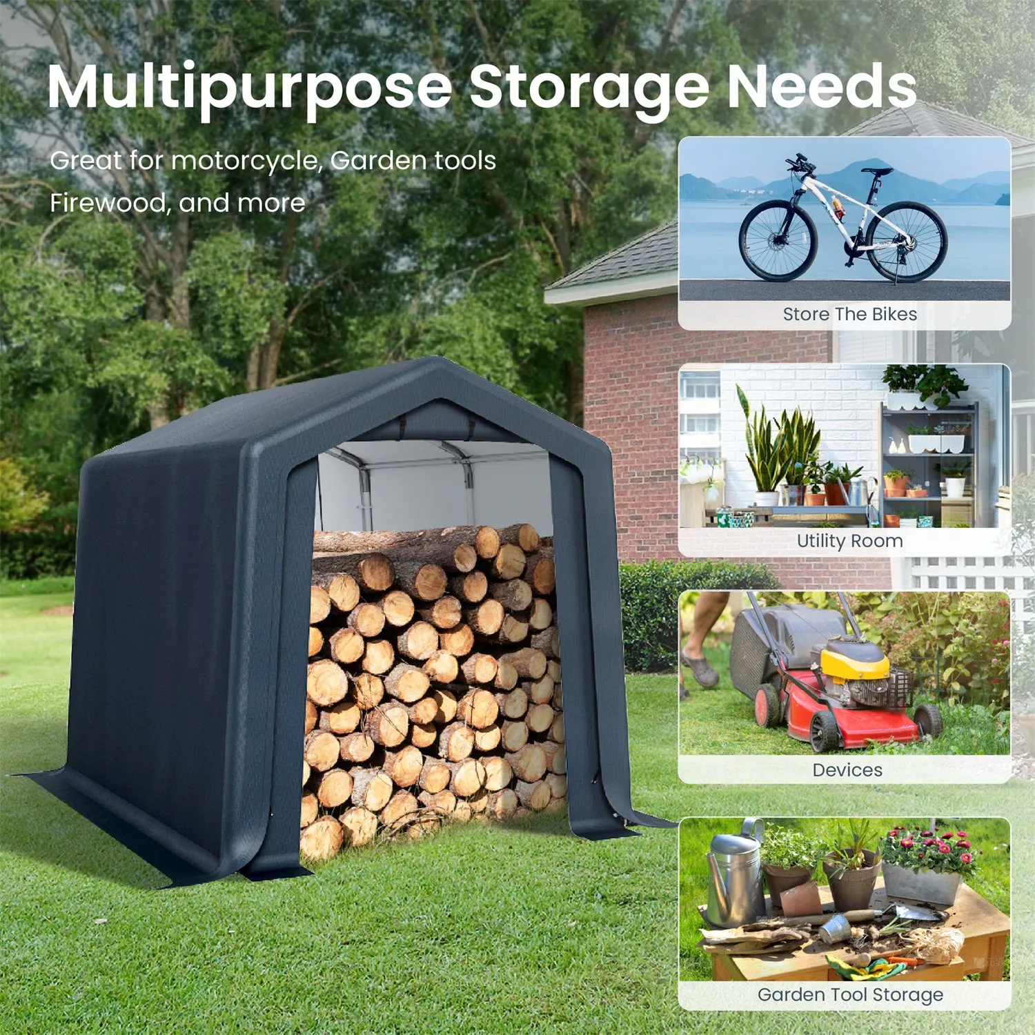 PHI VILLA Outdoor Portable Storage Carport for Motorcycle, Firewood, Garden Tools